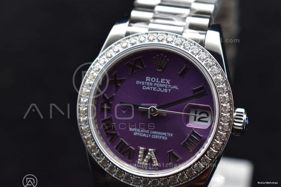 278289 President Purple Steel Diamonds DateJust Roman 552 Ladies Bezel Dial 316L BPF Contemporary on Markers Style 31 Bracelet 0512